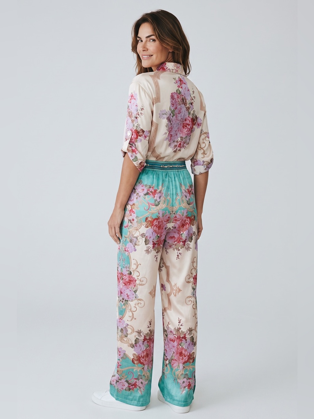 Eden Society - NWT - Floral Satin Shirt Jumpsuit in Teal & Cream - Picture 3 of 6